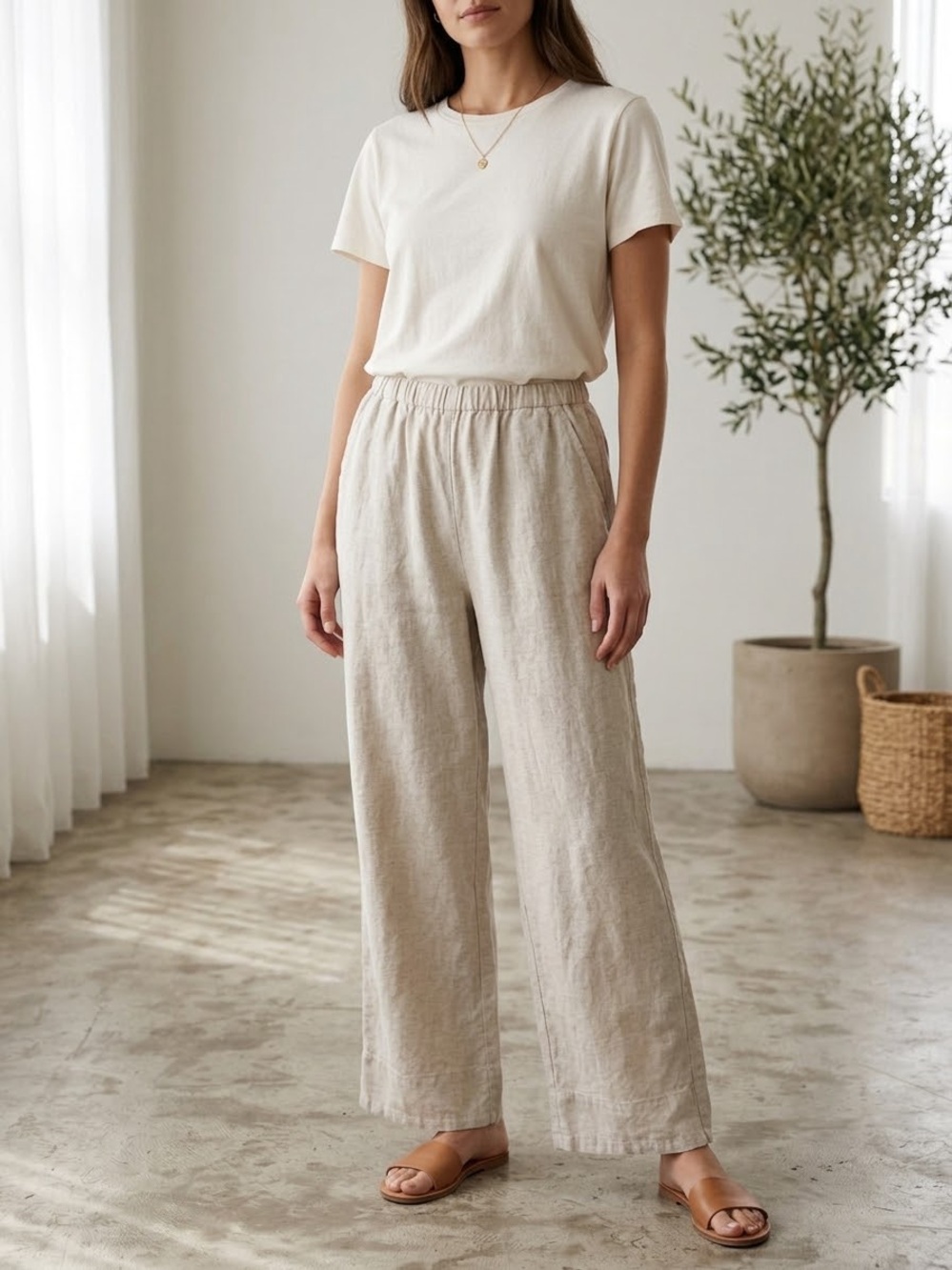 GAP Linen-Blend Wide-Leg Pants in Light Beige